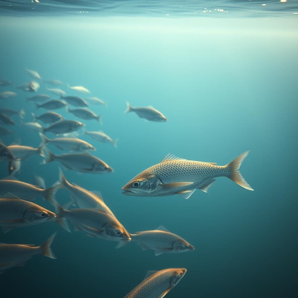 Seasonal migrations and how diet shifts A dreamy, cinematic scene depicting the cyclical journey of a school of weakfish as they navigate the changing currents and temperatures. In the foreground, a group of the silvery fish dart through the water, their movements graceful and effortless. In the middle ground, a larger weakfish leads the way, its spotted body gliding through the shimmering blue-green depths. In the background, a hazy silhouette of coastline and rolling waves suggests the scale of their migration. Soft, diffused lighting bathes the scene in a warm, nostalgic glow, evoking the ebb and flow of the seasons. The overall impression is one of the delicate balance between predator and prey, and the adaptability of marine life in the face of environmental change.
