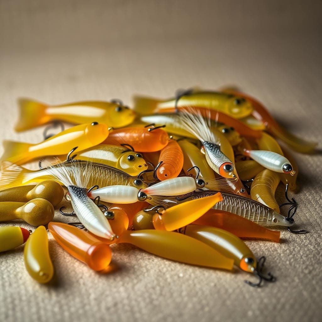 Soft Plastics and Jigs for Perch: A Still Life in Muted Tones. In the foreground, an assortment of soft plastic baits in natural hues - olive, amber, and translucent. Jigs with compact, streamlined profiles in various sizes and colors nestle among them, their hooks glistening. The middle ground features a neutral, slightly textured surface, perhaps wood or aged leather, providing a simple backdrop. Subtle highlights and shadows define the forms, conveying a sense of depth and dimension. The overall mood is one of understated elegance, hinting at the effectiveness of these lures in enticing the wary Yellow Perch.