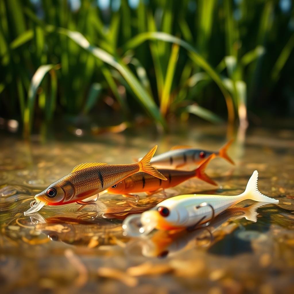 Soft, lifelike plastic jerkbaits in the foreground, with flukes and slug-style eel lures in a variety of natural colors like green pumpkin, brown, and pearl white. The lures are floating in a shallow, rippling body of water, with a slightly blurred, out-of-focus background of lush, verdant reeds and grasses. Warm, directional lighting casts gentle shadows and highlights the subtle textures and contours of the soft plastic baits. A shallow depth of field creates a sense of focus and emphasis on the lures. The overall mood is one of natural, realistic fishing tackle ready to entice hungry striped bass. Soft, lifelike plastic jerkbaits in the foreground, with flukes and slug-style eel lures in a variety of natural colors like green pumpkin, brown, and pearl white. The lures are floating in a shallow, rippling body of water, with a slightly blurred, out-of-focus background of lush, verdant reeds and grasses. Warm, directional lighting casts gentle shadows and highlights the subtle textures and contours of the soft plastic baits. A shallow depth of field creates a sense of focus and emphasis on the lures. The overall mood is one of natural, realistic fishing tackle ready to entice hungry striped bass.