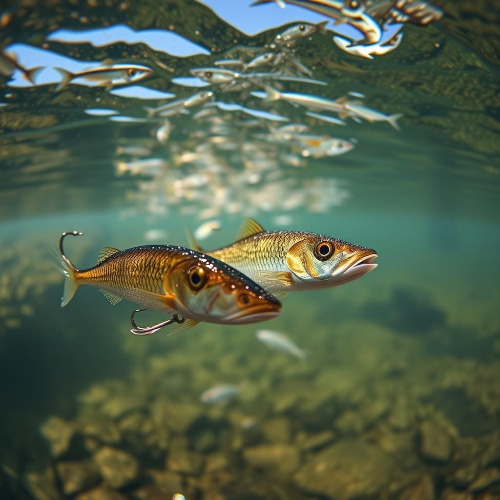 Soft minnows and jerk shads in a natural underwater scene, with realistic details and textures. Foreground features two lifelike, shimmering lures - a slender minnow and a twitching shad - suspended in crystal-clear water, illuminated by diffused natural light filtering through the surface. Middle ground showcases a school of baitfish, their silvery scales and subtle movements mimicking live prey. Distant background depicts a tranquil aquatic environment, with submerged vegetation and smooth river rocks. Compose the image using a medium-wide lens and an eye-level perspective, evoking a sense of immersion and attention to realistic scale.
