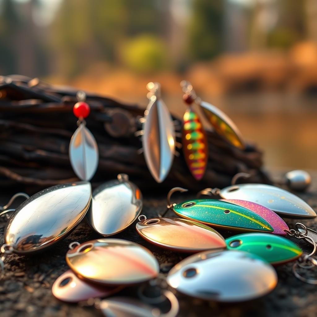 Spoons and Inline Spinners: Classic Flash Producers An arrangement of high-quality fishing spoons and inline spinners in a naturalistic setting. In the foreground, several shiny metal spoons in various shapes and colors - oval, willow leaf, and Colorado - glisten under warm studio lighting. In the middle ground, sleek inline spinners with dazzling blades spin gently, capturing the light. The background is out of focus, hinting at a wooded shoreline or riverbank. The overall mood is one of anticipation and allure, showcasing the classic flash and vibrant hues that make these lures irresistible to northern pike. Spoons and Inline Spinners: Classic Flash Producers An arrangement of high-quality fishing spoons and inline spinners in a naturalistic setting. In the foreground, several shiny metal spoons in various shapes and colors - oval, willow leaf, and Colorado - glisten under warm studio lighting. In the middle ground, sleek inline spinners with dazzling blades spin gently, capturing the light. The background is out of focus, hinting at a wooded shoreline or riverbank. The overall mood is one of anticipation and allure, showcasing the classic flash and vibrant hues that make these lures irresistible to northern pike.