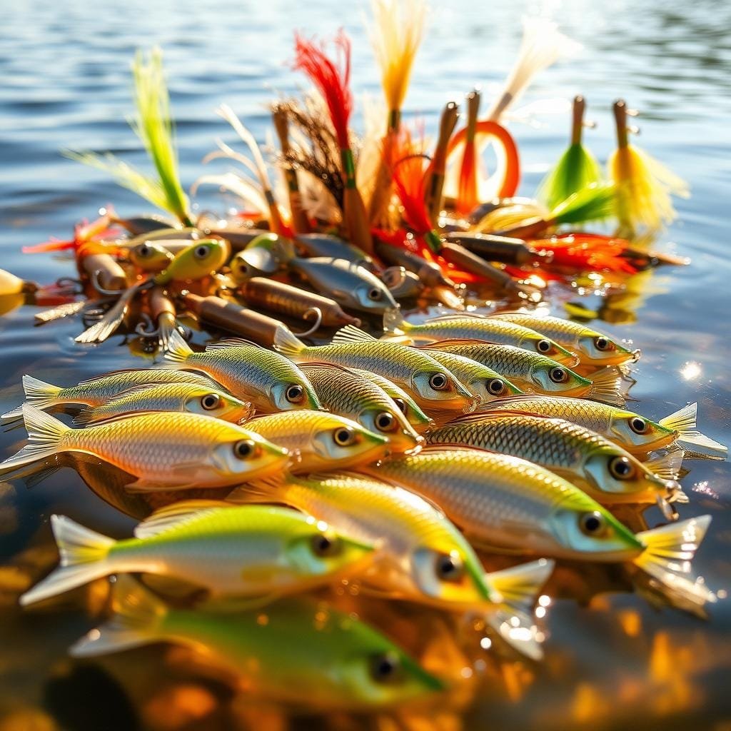 Summer 2025 crappie lures, a vibrant array of artificial baits shimmering under warm, golden sunlight. In the foreground, a selection of lifelike plastic minnows in various iridescent hues - chartreuse, pearl, and silver - dance on the surface of a tranquil lake. In the middle ground, a cluster of soft plastic curly-tailed grubs in earth-toned colors sway gently, their translucent bodies catching the sun's rays. Behind them, an assortment of jigs and spinnerbaits with colorful skirts and blades gleam, ready to entice the most discerning crappie. The overall scene evokes the leisurely, carefree spirit of a summer fishing expedition, where the promise of a bountiful catch lingers in the warm, hazy air.