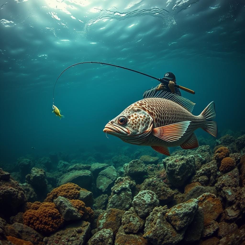 Tackle That Turns Fish Before They Rock You: A dramatic underwater scene showcasing a sturdy fishing rod and reel setup casting a lure into a swirling current. In the foreground, a large grouper hovers cautiously, its predatory gaze fixed on the enticing bait. The middle ground features a rocky seafloor, with vibrant coral formations and schools of smaller fish darting about. Lighting filters down from the surface, casting a moody, blue-green hue over the entire composition. The angler's silhouette is visible in the background, poised with perfect form, ready to set the hook and wrestle the powerful grouper into submission before it can retreat to the safety of the jagged rocks.