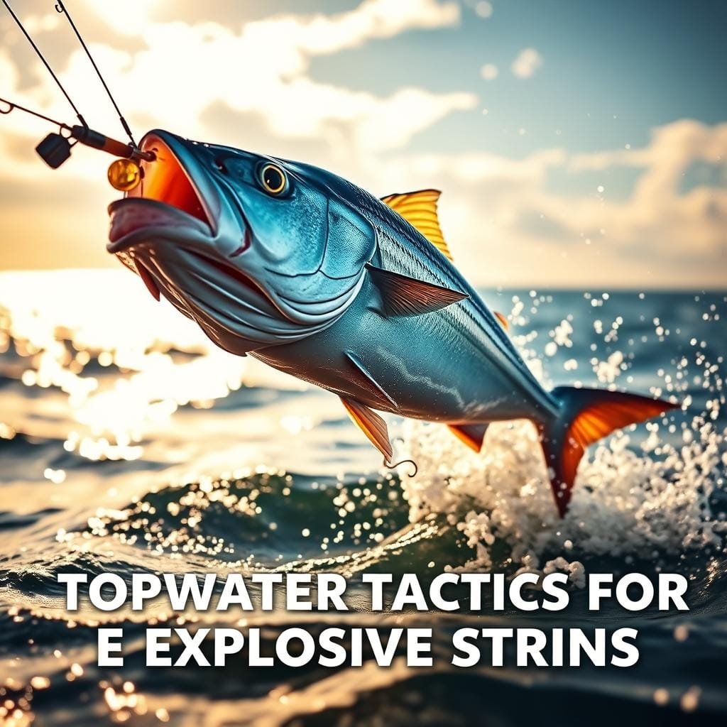 Topwater bluefish striking a lure with a dramatic splash, captured mid-leap against a vibrant, sun-dappled ocean backdrop. Warm, golden lighting illuminates the fish's muscular form and iridescent scales as it explodes from the water, jaws agape. Tightly cropped to emphasize the dynamic, adrenaline-fueled action, with a shallow depth of field that softly blurs the surrounding seascape. Convey the raw power and explosive energy of a bluefish topwater strike, perfectly encapsulating the "Topwater Tactics for Explosive Strikes" theme.