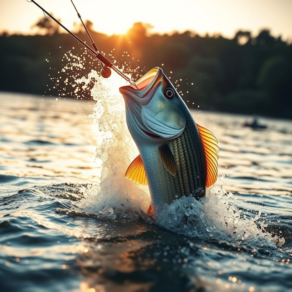 Topwater lure breaking the surface, creating a dramatic splash and spray. A large striped bass erupting from the water, its powerful jaws clamping down on the lure. Sunlight glinting off the fish's metallic scales, its muscular body suspended mid-leap. The scene set against a backdrop of a serene, rippling lake or river, with a warm, golden-hour glow illuminating the moment. Crisp, high-contrast lighting emphasizes the action, while a slightly wide-angle lens captures the full dynamism of the strike. Convey the thrill and intensity of a topwater blowup, the angler's heart racing as they connect with a trophy fish. Topwater lure breaking the surface, creating a dramatic splash and spray. A large striped bass erupting from the water, its powerful jaws clamping down on the lure. Sunlight glinting off the fish's metallic scales, its muscular body suspended mid-leap. The scene set against a backdrop of a serene, rippling lake or river, with a warm, golden-hour glow illuminating the moment. Crisp, high-contrast lighting emphasizes the action, while a slightly wide-angle lens captures the full dynamism of the strike. Convey the thrill and intensity of a topwater blowup, the angler's heart racing as they connect with a trophy fish.