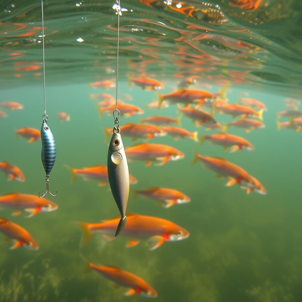 Underwater scene with a school of vibrant kokanee salmon swimming in a crystal-clear lake. In the foreground, two highly-visible lures - a silver and blue "dodger" and a shiny chrome "flasher" - dangle in the water, enticing the fish. The middle ground features the salmon closing in on the lures, their lateral lines glistening as they move. The background shows the placid, sun-dappled surface of the lake, with a lush, verdant shoreline in the distance. Soft, natural lighting illuminates the scene, creating a serene and inviting atmosphere.
