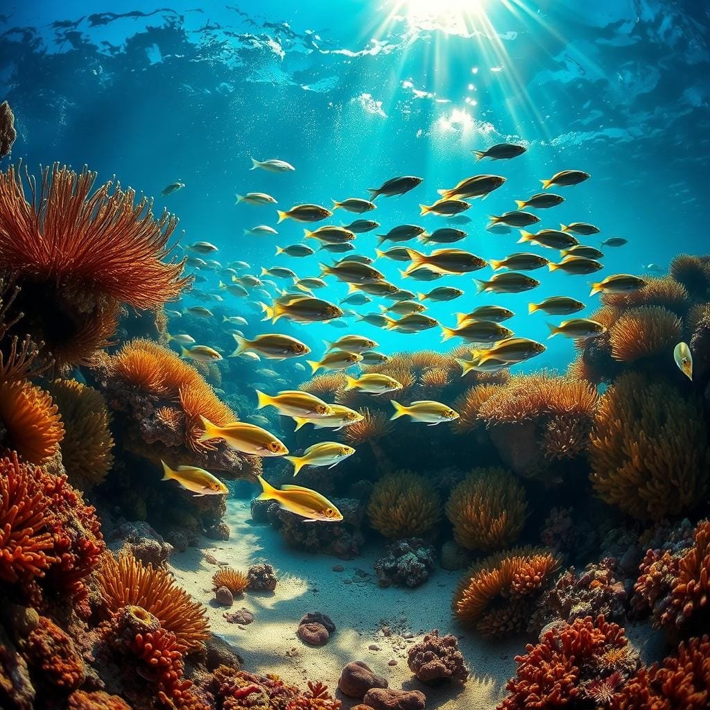 Underwater seascape teeming with life: a vibrant coral reef ecosystem, with schools of weakfish foraging amidst the swaying fronds of sea fans and anemones. The fish dart between crevices and hover over the sandy bottom, using their sensitive barbels to detect buried crustaceans and mollusks. Shafts of golden sunlight pierce the azure waters, illuminating the diverse array of marine creatures. The scene conveys the habitat-driven feeding behaviors of weakfish, as they utilize the abundant resources of their coastal environment to sustain themselves.