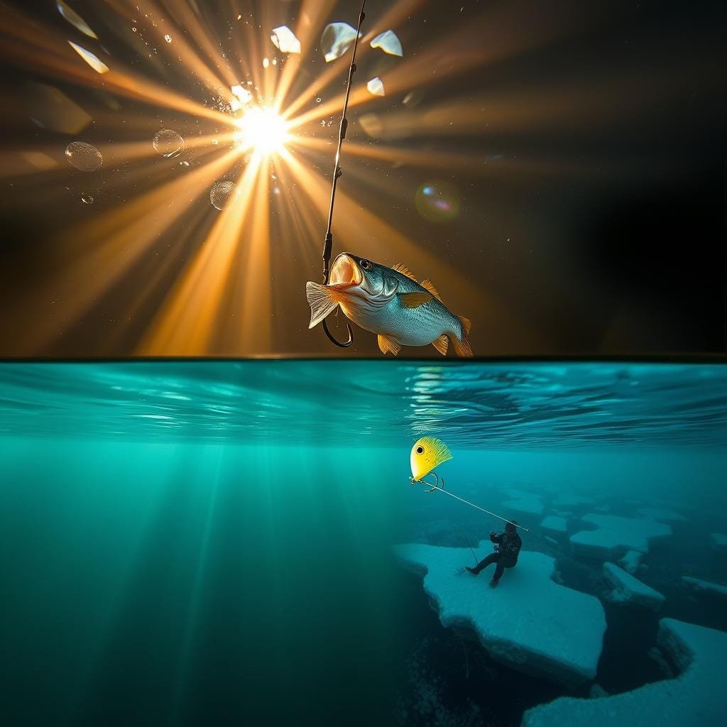 Vertical jigging in deep, summertime waters. A white bass lurking in the shadowy depths, eyeing a lively minnow-patterned jig as it dances enticingly on the end of a tight line. Beams of warm, golden light filtering down, illuminating the lure's tantalizing movements. Crystalline, azure waters surrounding the scene, hinting at the mysterious underwater world below. In stark contrast, a similar composition set against a backdrop of icy, winter landscapes. A solitary angler carefully working a vertical presentation to tempt wintertime white bass schooled up in their deep, cold-weather haunts.